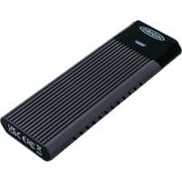 Black and silver Origin Storage external SSD with ribbed design and logo on top.