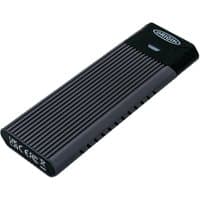 Black and silver Origin Storage external SSD with ribbed design, 80mm length, and Origin logo on top.