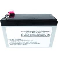 Black and white UPS battery cartridge with red connector and recycling instructions on the side.