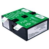 Black and green Origin UPS battery cartridge with labeled instructions and recycling symbols