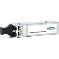 Silver Origin Storage transceiver with black latch, labeled "WARRANTY VOID IF REMOVED," compatible with Palo Alto.