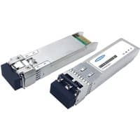 Silver SFP+ transceiver with black connectors and label, compatible with Palo Alto, by Origin Storage.
