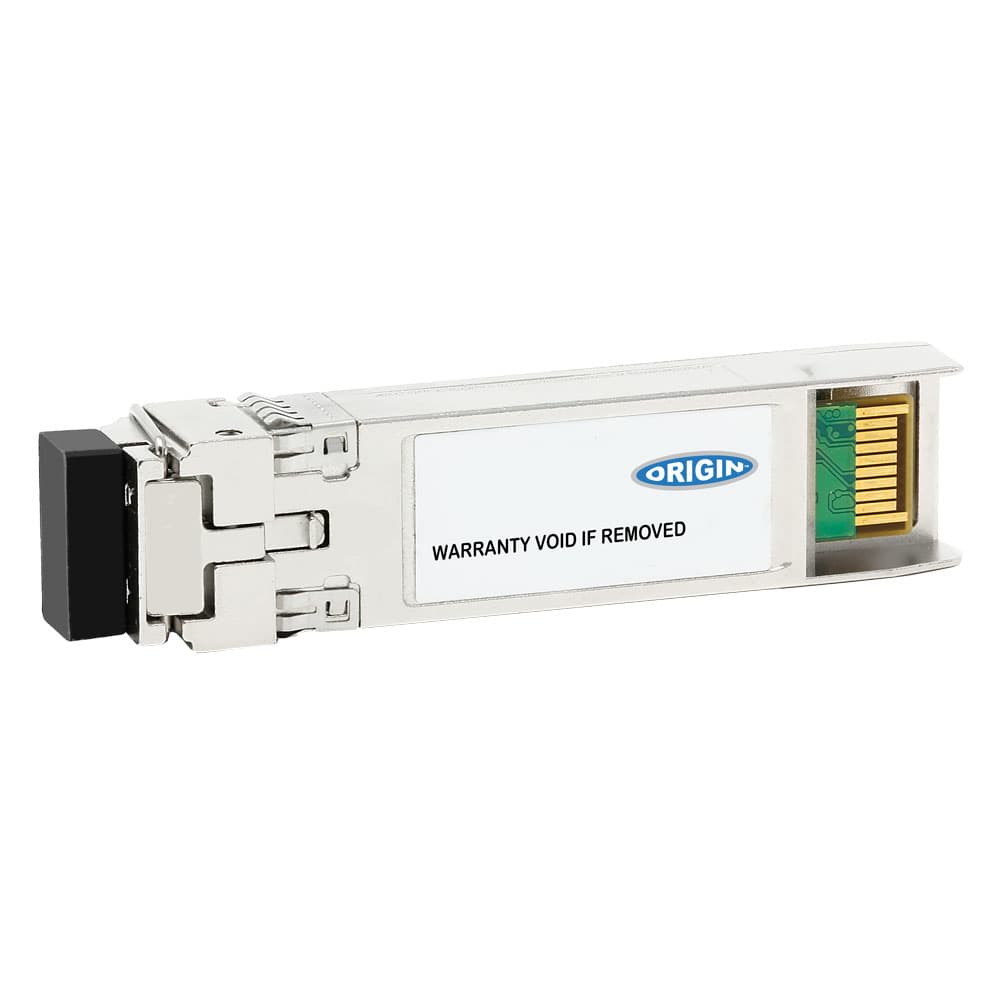 Origin Storage SFP-10G-SR transceiver in silver metal casing, featuring a black connector end and a green circuit board visible through a transparent section, labeled with "ORIGIN" and warranty notice.