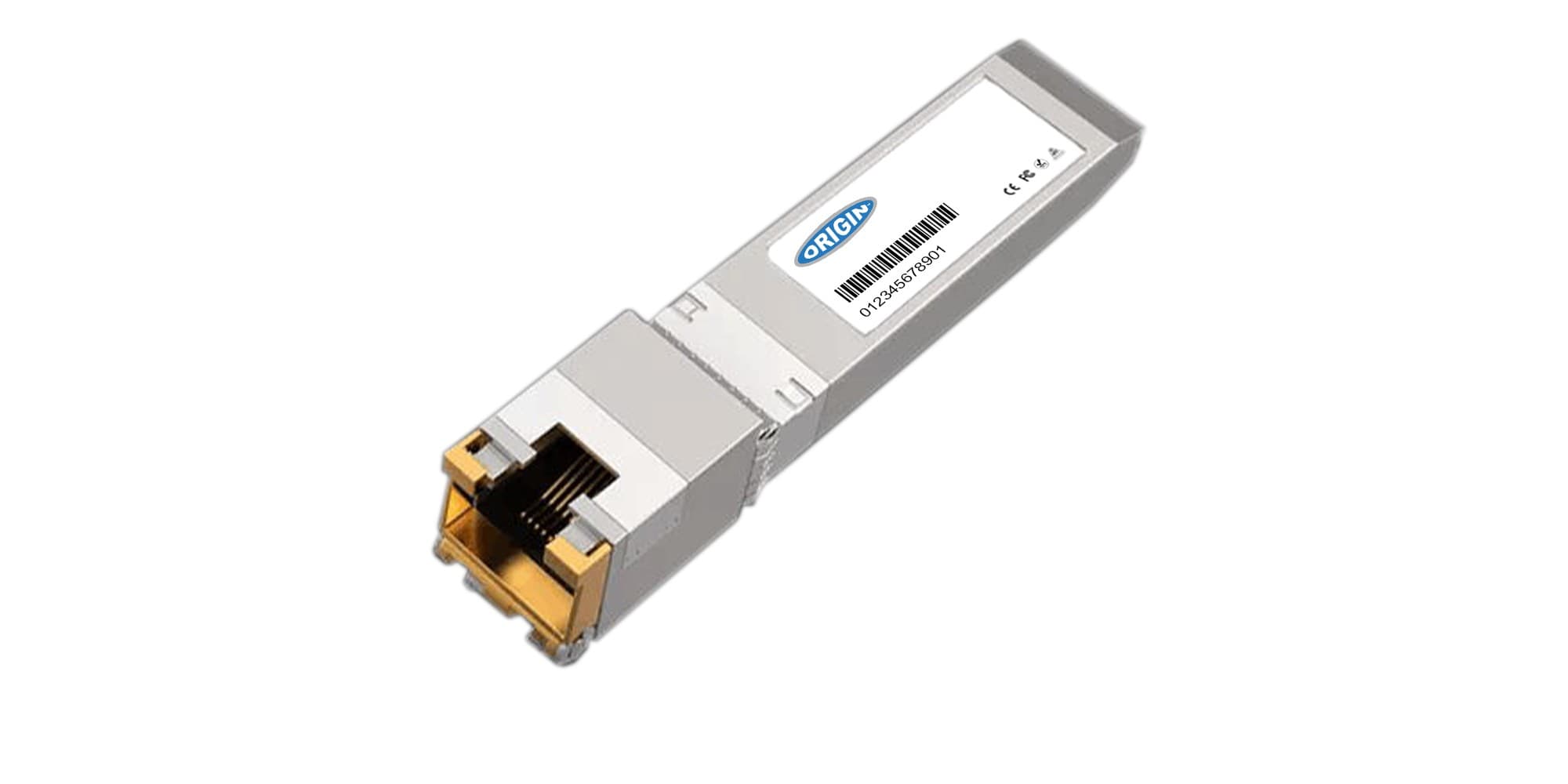Silver metal transceiver with a gold-plated connector, featuring a white label with blue branding, designed for 10GBASE-T Ethernet connectivity.