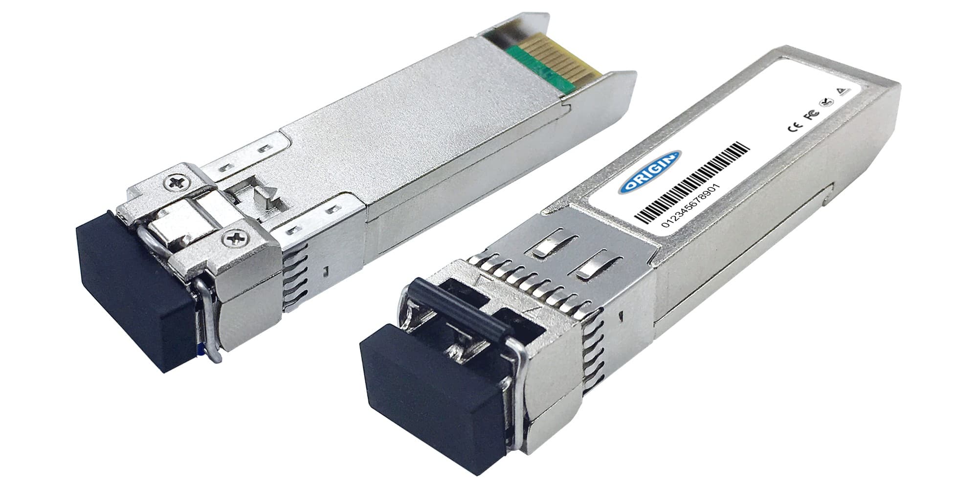 Silver metal transceiver with a rectangular shape, featuring a connector on one end and a label on the side, designed for Arista compatibility, labeled "SFP-25G-MR-XSR."