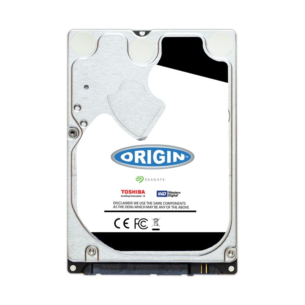 Origin Storage 120GB SSD in a silver metal casing with a black hot swap caddy, featuring a white label with the "ORIGIN" logo and various certification marks.