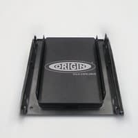 Black Origin Storage SSD 250GB with logo in 3.5in converter tray, includes cables, compact and sleek design.