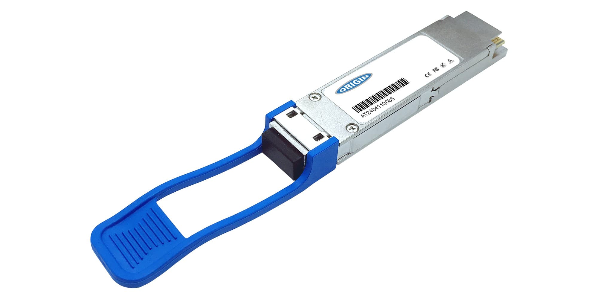 Silver transceiver module with a blue plastic handle, labeled "Origin" and featuring a barcode, designed for 100G LR4 connectivity, compatible with Lantronix equipment.