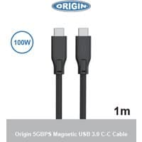 Black Origin Storage USB-C-C magnetic cable, 1m length, 5Gbps, 100W, with braided exterior and USB 3.0 connectors.