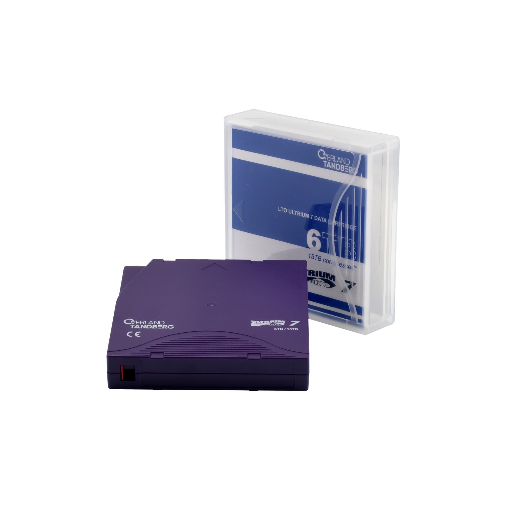 Purple LTO-7 data cartridge with a sleek design, featuring a red indicator light, alongside a clear plastic case displaying pre-labeled storage capacity of 6/15TB in blue and white.
