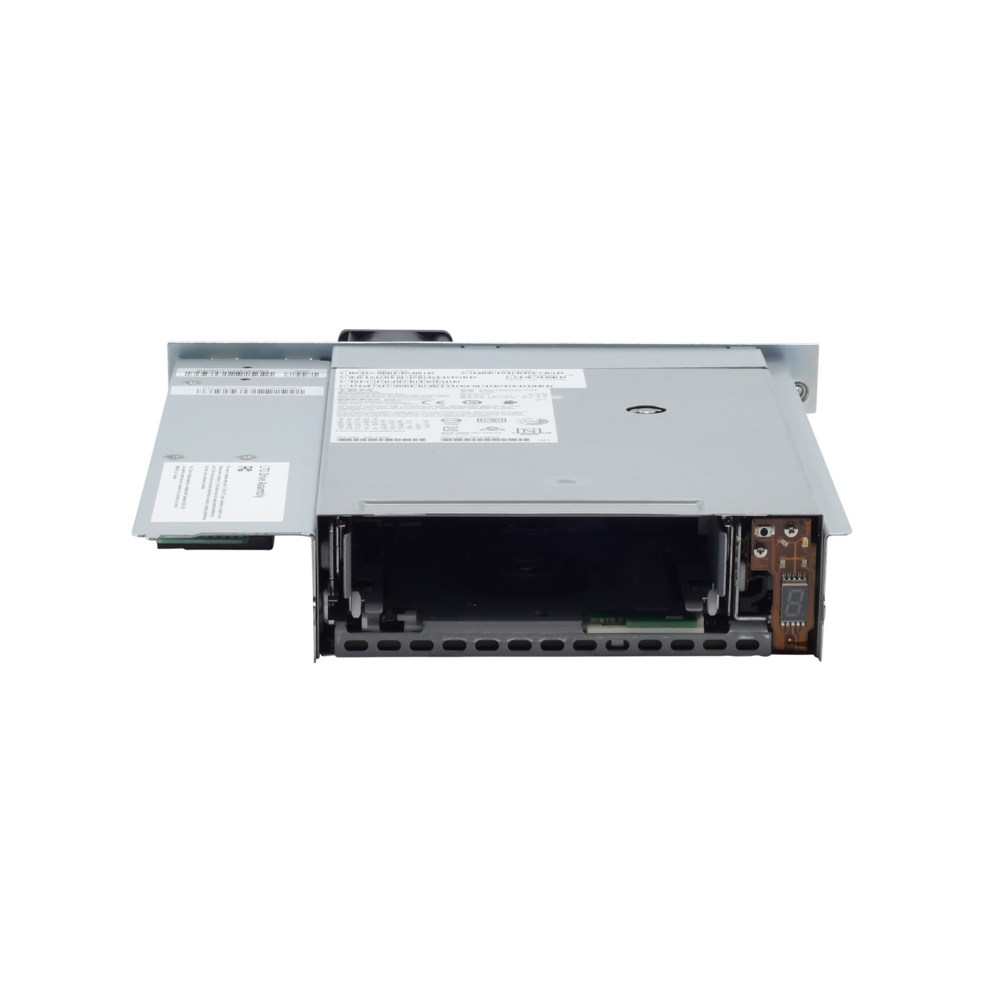 Overland-Tandberg O-T NEO Series add-on drive in gray metal casing, featuring an open front panel revealing internal components and ports for LTO7HH FC connectivity.