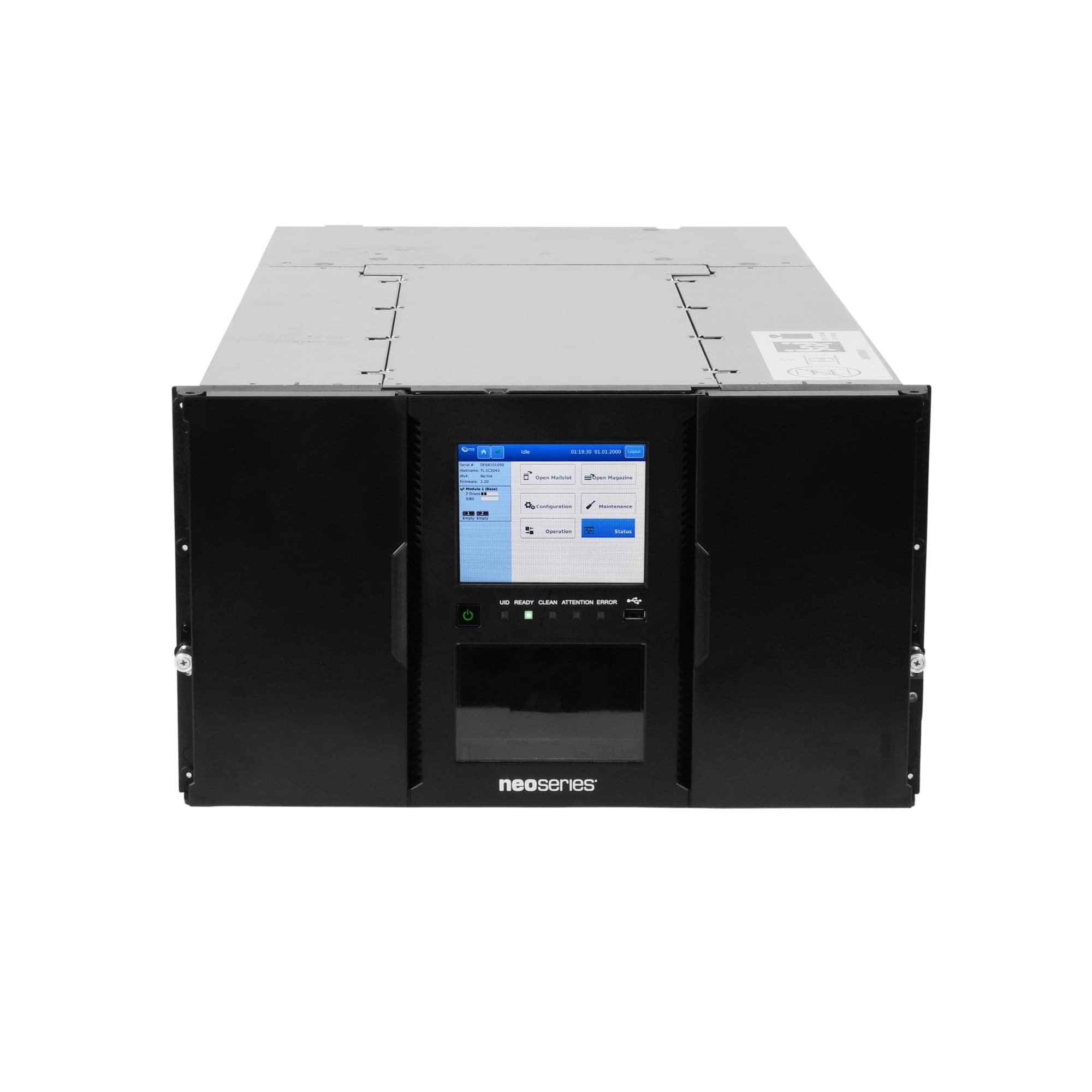 Black storage unit with a sleek design, featuring a digital display, dual front doors, and labeled ports, designed for LTO tape storage with 80 slots and dual-port FC connectivity.