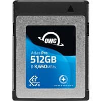 OWC Atlas Pro 512GB CFexpress card, silver and black with blue label, read speed 3,650MB/s.