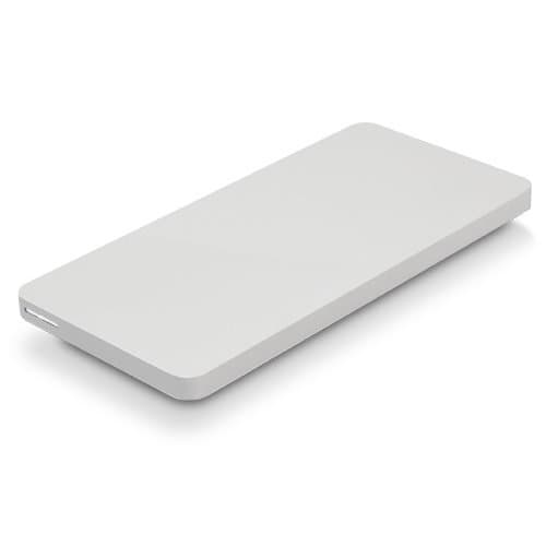 Sleek, rectangular external storage enclosure in a matte silver finish, designed for SSDs, featuring a USB 3.2 port for connectivity, ideal for MacBook Pro and iMac.