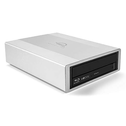 Silver optical disc drive with a sleek design, featuring a black front panel and Blu-Ray RW capability, ideal for reading and writing discs.