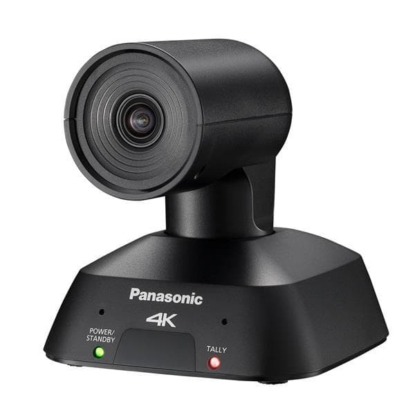 Panasonic AW-UE4KG video conferencing camera in black, featuring an 8.49 MP lens, compact design, and illuminated power/standby and tally indicators on the base.