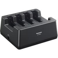 Black Panasonic CF-VCB331W tablet battery charger with four charging slots and Panasonic logo on front.