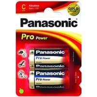 Pack of two Panasonic Pro Power C batteries, gold and black with red accents, in blister packaging.