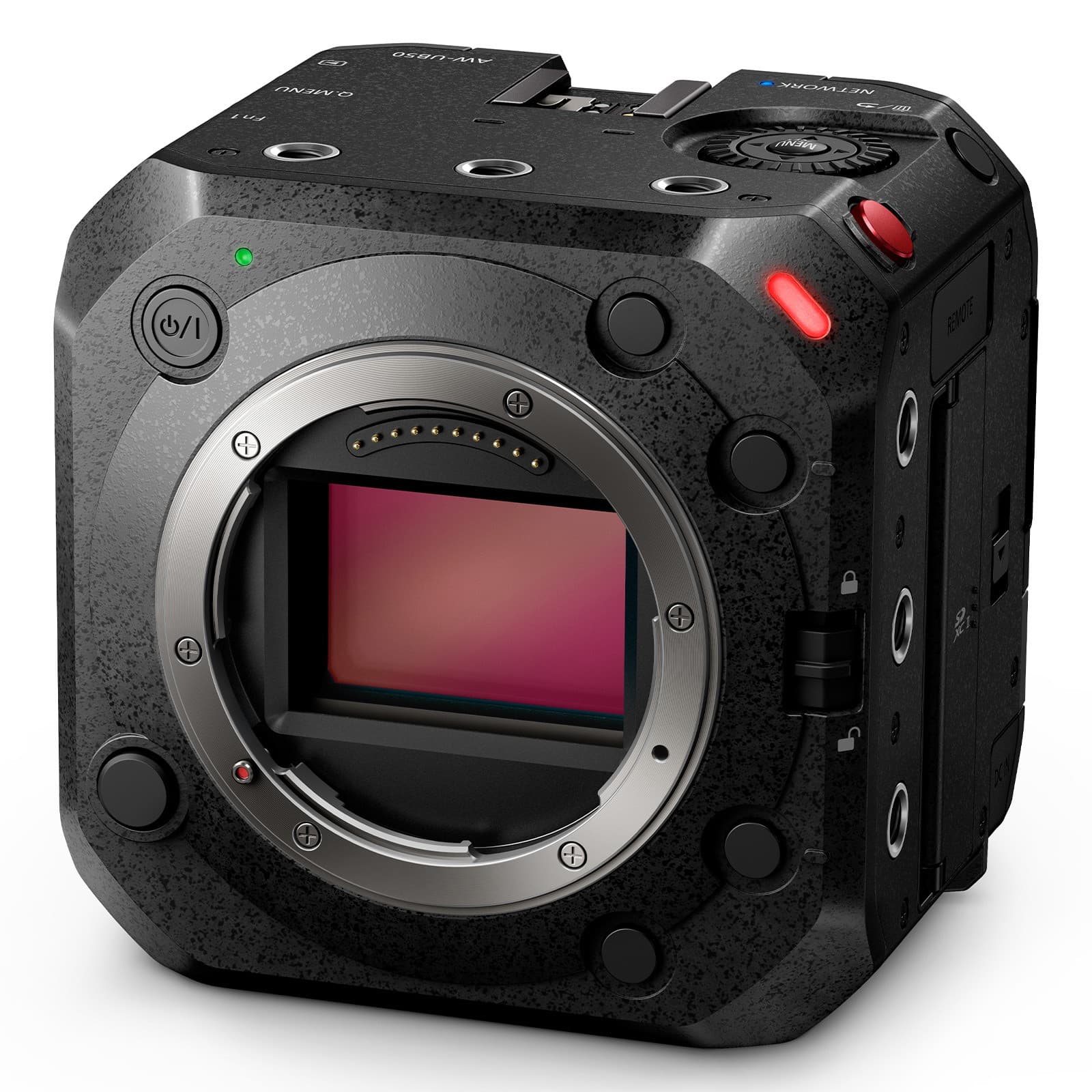 Compact black camera with a rugged texture, featuring a large sensor opening, multiple connection ports, and a prominent red recording button on top.