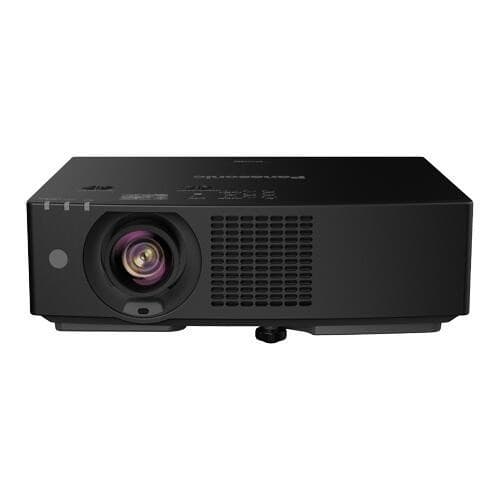 Black Panasonic PT-VMZ62BEJ projector featuring a front lens, ventilation grilles, and control buttons on the top surface, designed for high-quality image projection.