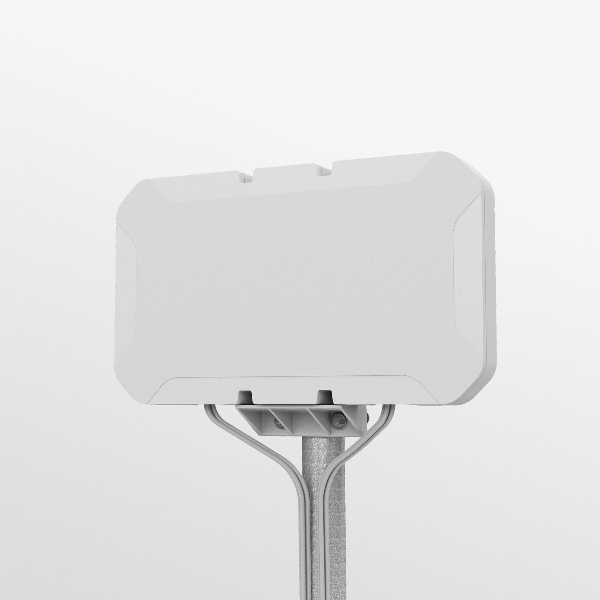 White rectangular 4G/5G antenna mounted on a metallic pole, featuring a sleek design with rounded edges and a minimalistic look, suitable for wall, desk, or mast installation.