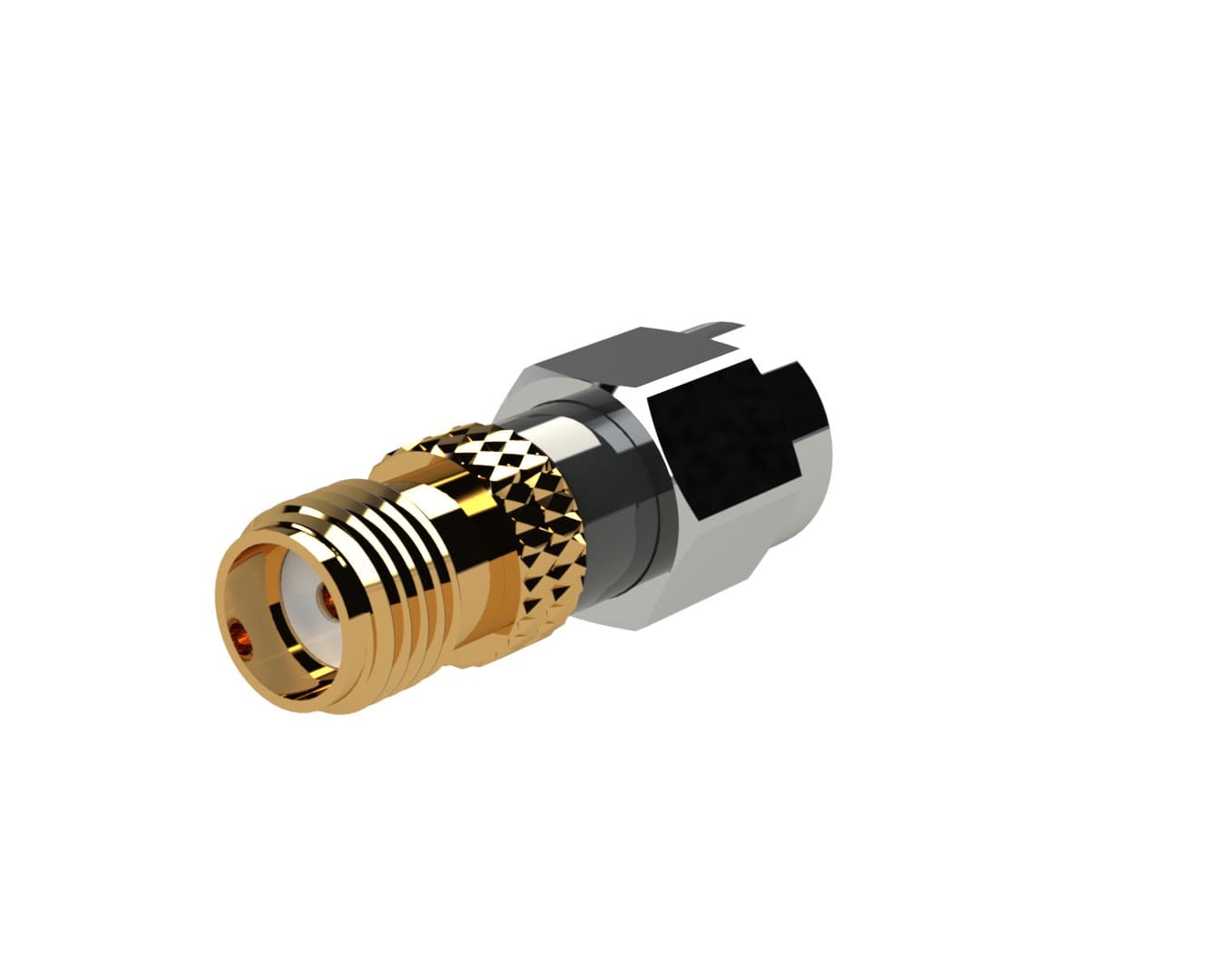 Gold and silver coaxial cable connector with a threaded exterior, featuring a polished finish and a compact design, suitable for SMA female connections.