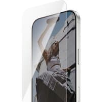 PanzerGlass screen protector for iPhone 17/16 Pro, ultra-wide fit, clear glass, covering entire front display.
