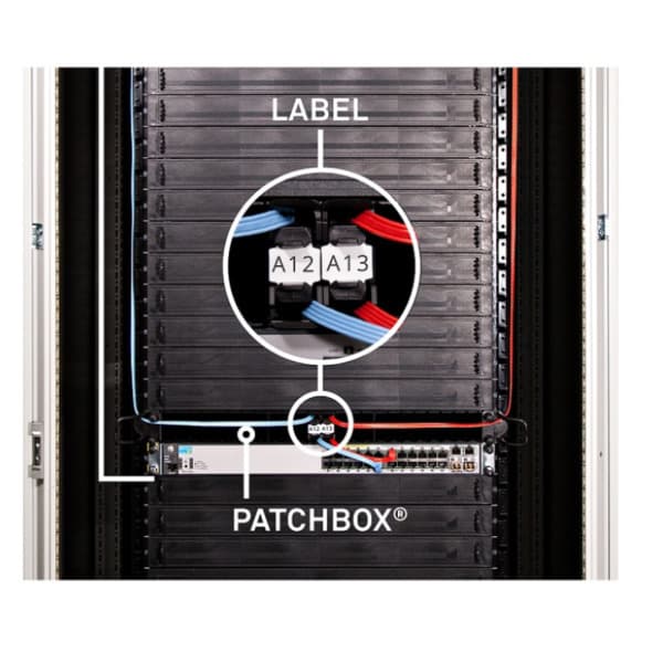 60 PATCHBOX identification labels in a server rack, featuring clear white text on a black background, designed for easy cable management and organization.
