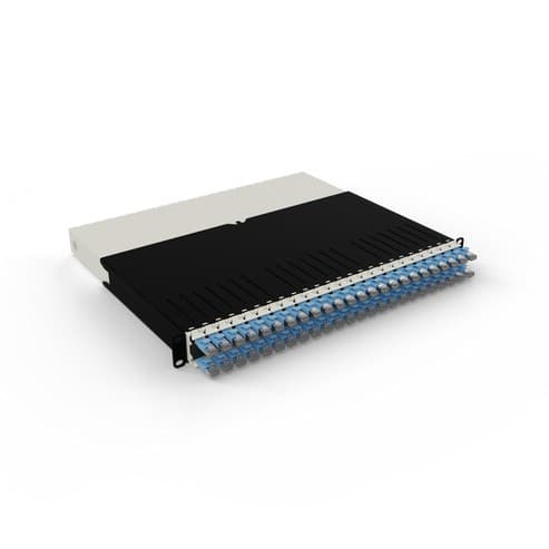 PATCHBOX .one 8RU STP in blue features a sleek design with a black front panel and multiple blue connectors, ideal for organized cable management in data centers.