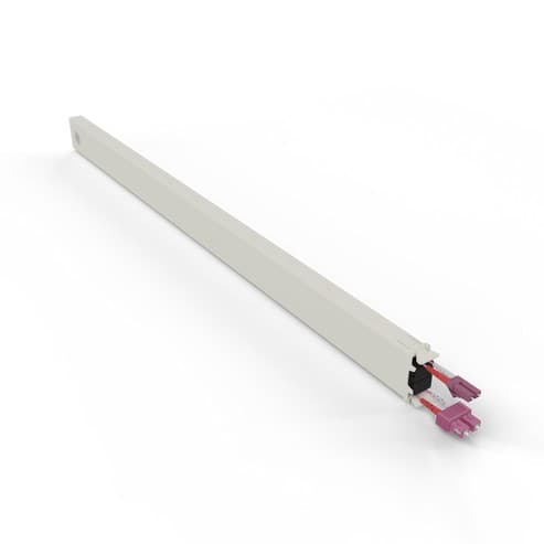 White 30RU cassette with OM4 fiber optic cables, featuring LC-SC connectors in pink, designed for efficient cable management and connectivity.