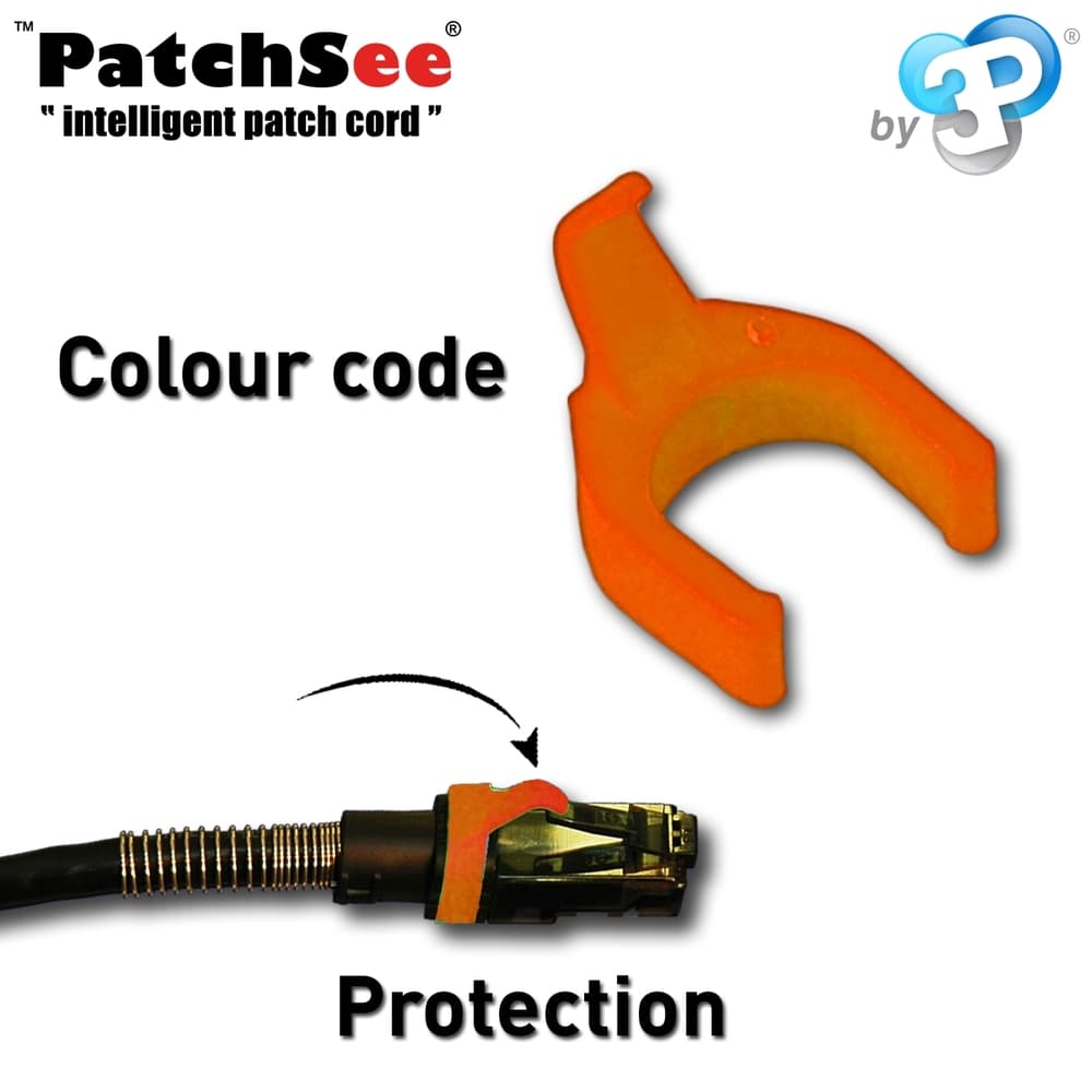 Bright orange plastic patch clip designed for securing cables, featuring a unique shape for easy attachment and a black cable connector visible at the end.