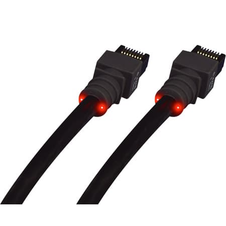 Black 2.1M C6 UFTP cable by Patchse, featuring two connectors with red LED indicators, designed for high-speed data transmission.