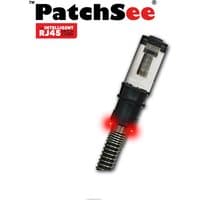 "Patchse DIRECTPATCH 1.2M C6A UFTP cable with clear RJ45 connector, red LED indicators, and black coiled strain relief"