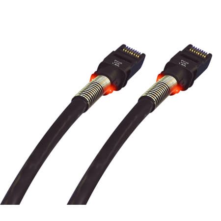 Black 1.5-meter Ethernet cable with C6A UFTP connectors, featuring metallic shielding and glowing red accents on the plugs for enhanced connectivity and durability.