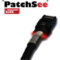 Black Patchse DIRECTPATCH 4.9M C6A UTP PVC cable with RJ45 connector and red LED indicators.