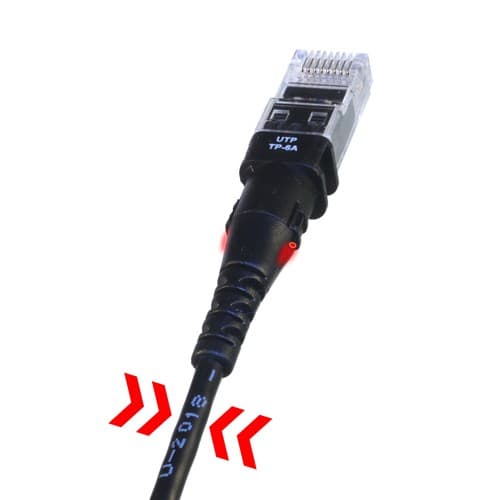 Black UTP cable with a transparent RJ45 connector, featuring a 2.1M length and marked with "UTP" and "TP-6A" for high-speed data transmission.