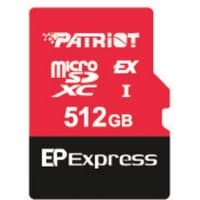 Red and black Patriot Memory EP Express 512 GB MicroSD card, UHS-I Class 10, with white branding and capacity text.