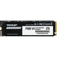 Black Patriot Memory P400 V4 4TB M.2 PCIe 4.0 NVMe SSD with white label and gold connector.