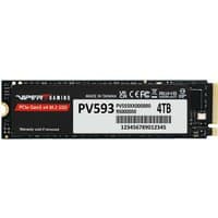 Black Patriot Memory PV593 4TB M.2 PCIe 5.0 NVMe SSD with visible circuit board and white label detailing specs.