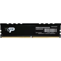 Black Patriot Memory module with white logo, 16 GB DDR4, gold connectors, and product code label on the side.
