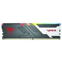 Black and white Patriot Viper Venom DDR5 memory module with RGB lighting and red Viper logo.