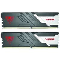 Black and white Patriot Memory Viper Venom DDR5 module with red logo and angular design accents.