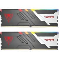 Black and white Patriot Viper Venom RGB DDR5 memory module with red logo and multicolor LED accents.