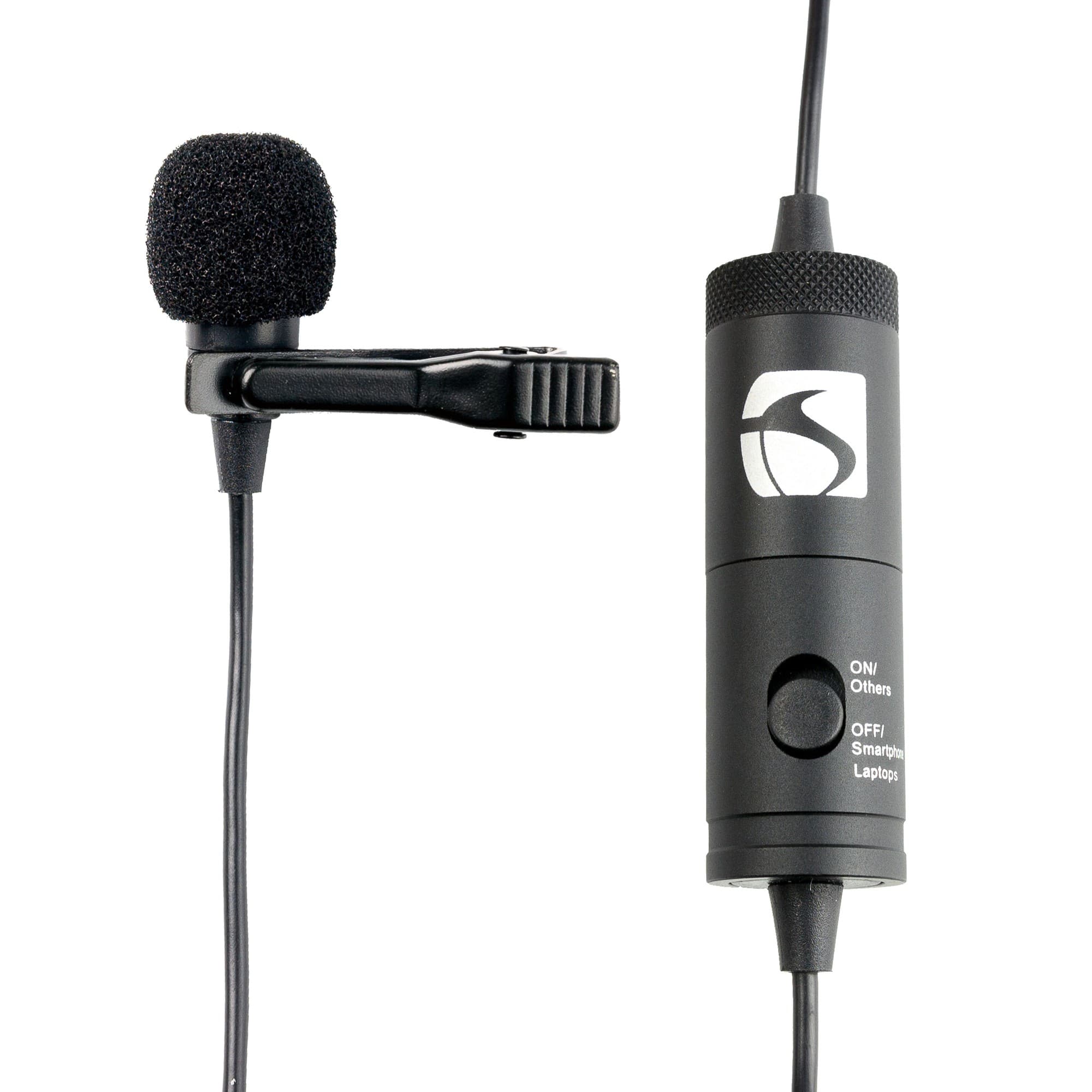 Black lapel microphone with a foam windscreen, a sturdy clip for attachment, and a control unit featuring an ON/OFF switch and compatibility for smartphones and laptops.