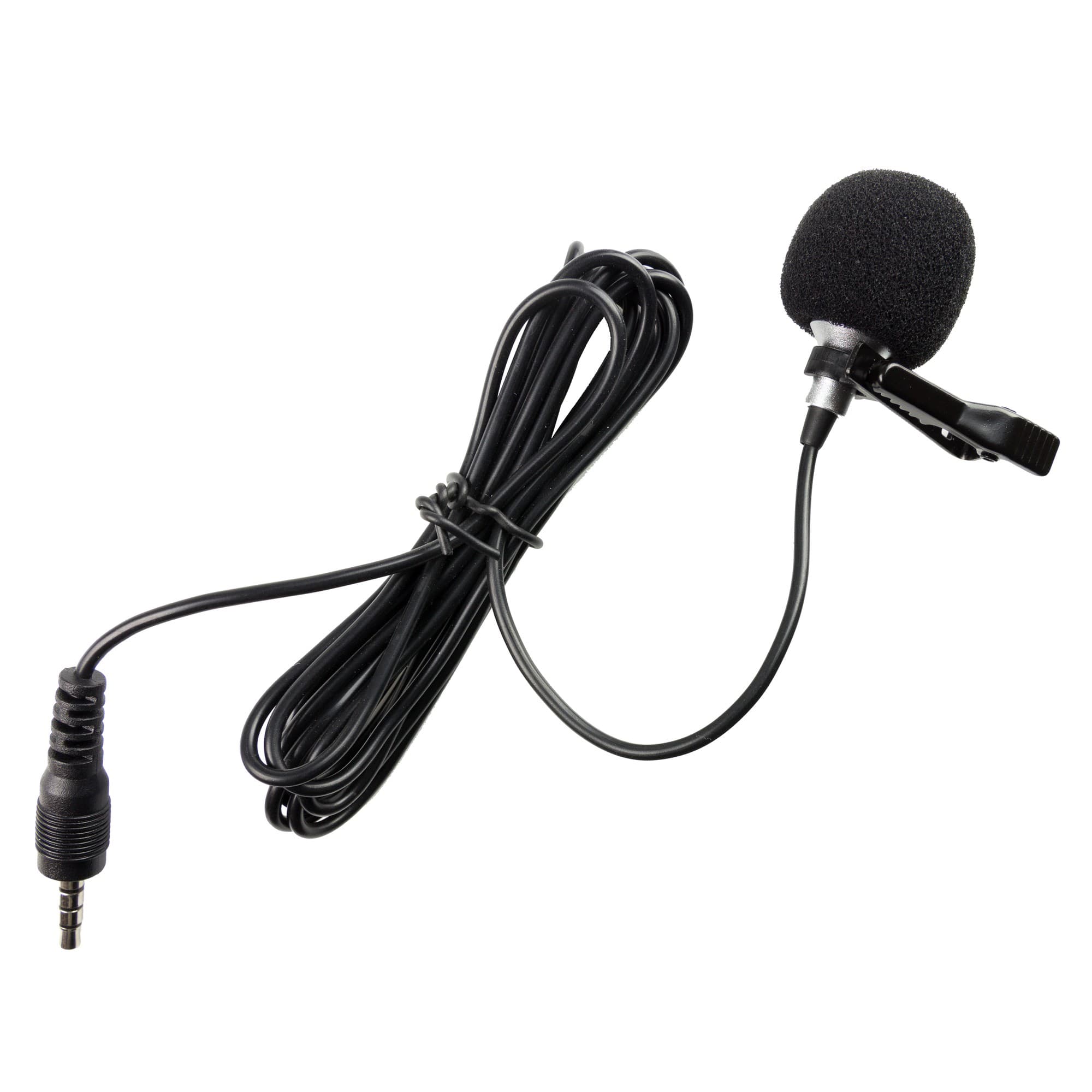 Black omni-directional lapel microphone with a foam windscreen, attached to a long black cable and a 3.5mm audio jack for easy connectivity.