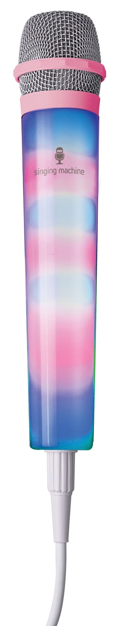 Pink LED microphone with a metallic silver mesh top, featuring a colorful gradient body and the "singing machine" logo, designed for karaoke enthusiasts.