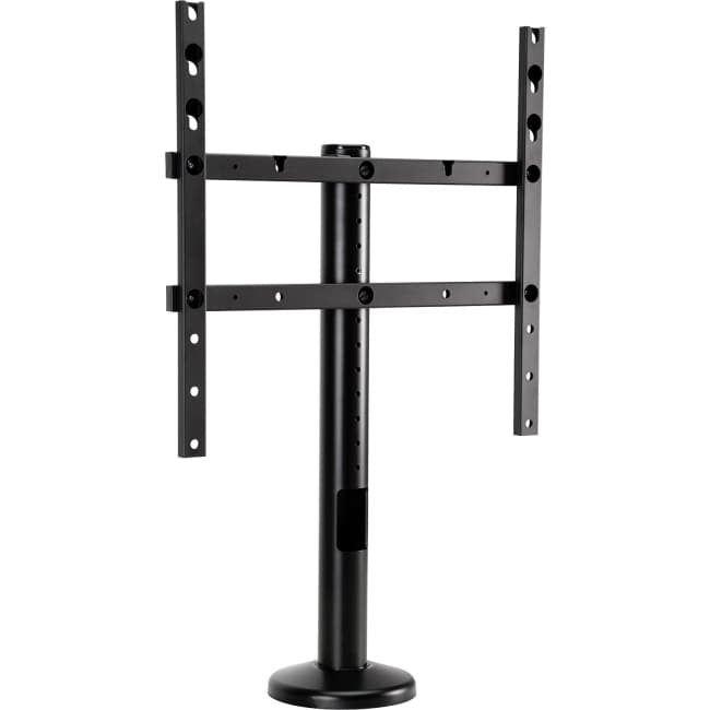 Black metal TV wall mount with adjustable brackets, featuring a sturdy base and vertical pole for secure television installation.