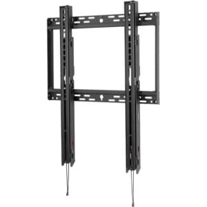 Black metal wall mount with adjustable brackets and cable management features, designed for securely holding display screens.