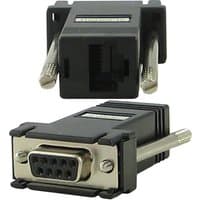 Black Perle DBA0020C adapter with RJ-45 and DB-9 connectors, featuring a compact rectangular design and metal screws.