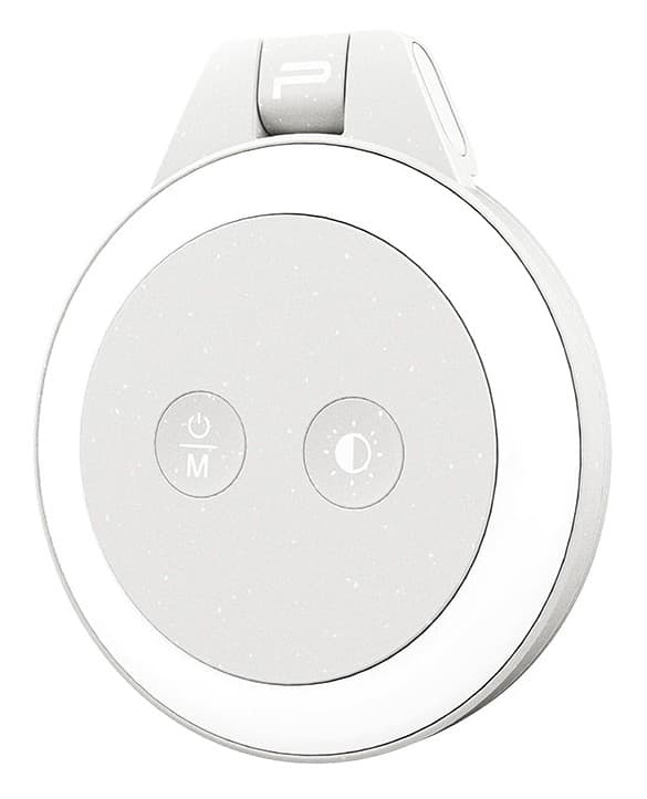 Round, white selfie light with a smooth surface, featuring a power button and a mode switch, designed for smartphone use.